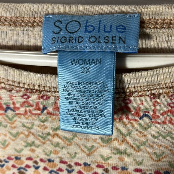 SO blue sigrid olsen VTG Y2K raglan slv cotton crop top boho geo multi color 2X - Picture 3 of 13